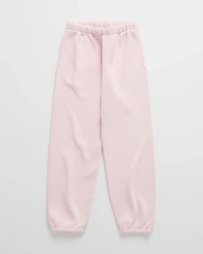 Flat lay of soft pink joggers with an elastic waistband, side pockets and gathered ankle cuffs. 8