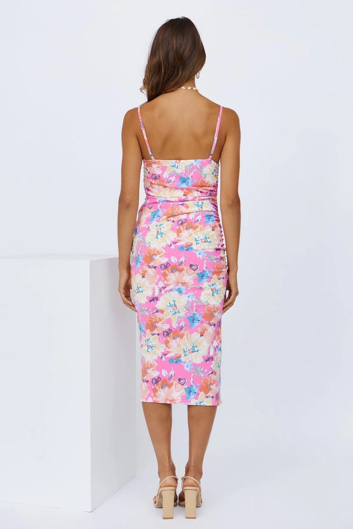Midi summer dress with floral print and slit – Soléa