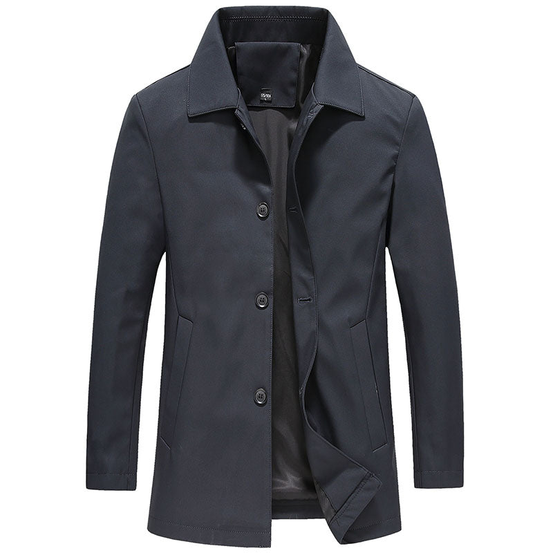 Windproof Long Men's Coat in Solid Colour - Mees