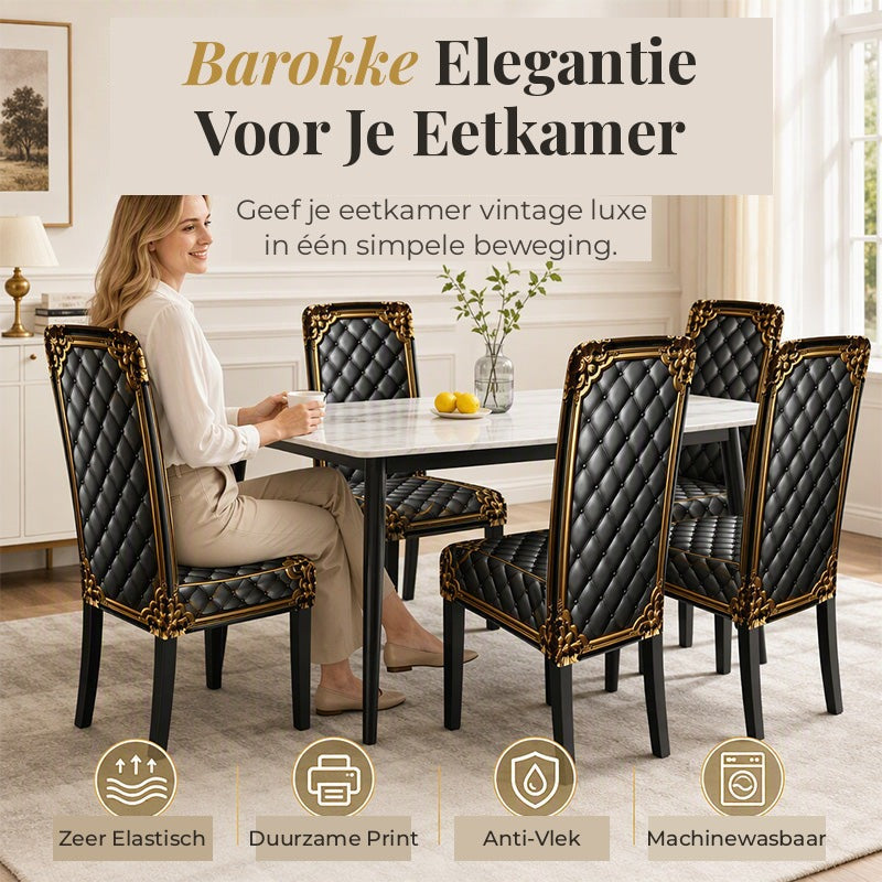 Woman drinking tea at a marble dining table with five chairs wearing black quilted covers with gold baroque borders. 1