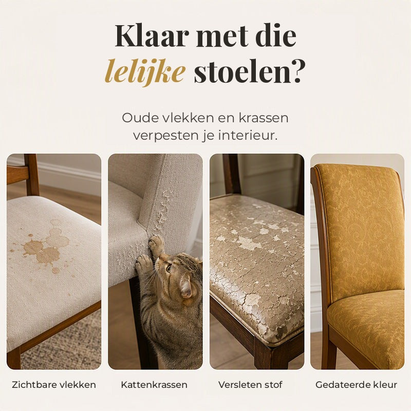 Four worn dining chairs showing stained fabric, cat scratches, cracked upholstery and faded yellow cloth, the problems a cover hides. 2