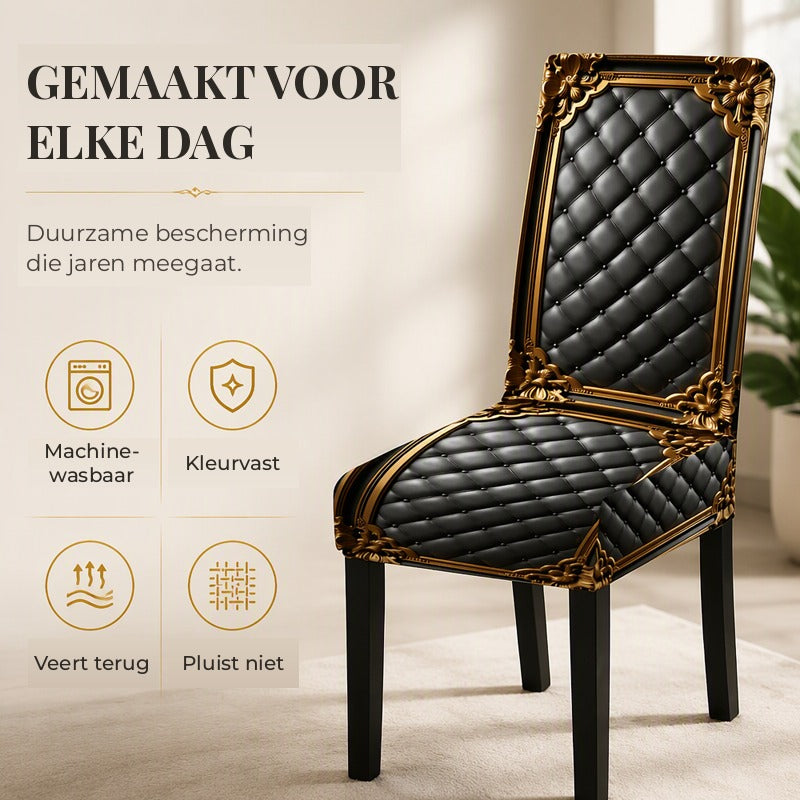 Single dining chair in a bright room wearing the black quilted cover with gold ornate frame print, beside small feature icons. 4