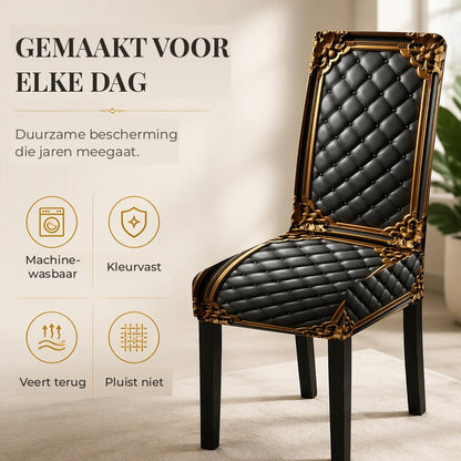 Single dining chair in a bright room wearing the black quilted cover with gold ornate frame print, beside small feature icons. 4
