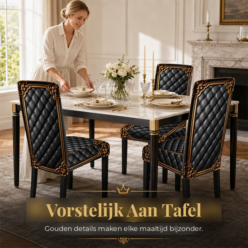 Elegantly laid marble dining table with candles and flowers, three chairs dressed in black and gold covers, woman arranging plates. 5