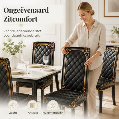 Smiling woman standing behind a dining chair covered in black quilted fabric with gold trim, with a laid table behind. 6
