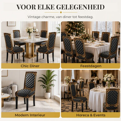 Four-panel collage of the covered chairs in a modern dining room, Christmas table, living space and large event hall. 7