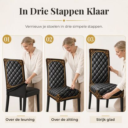 Three-step sequence of a woman pulling the black and gold cover over a chair back, then the seat, then smoothing it. 8