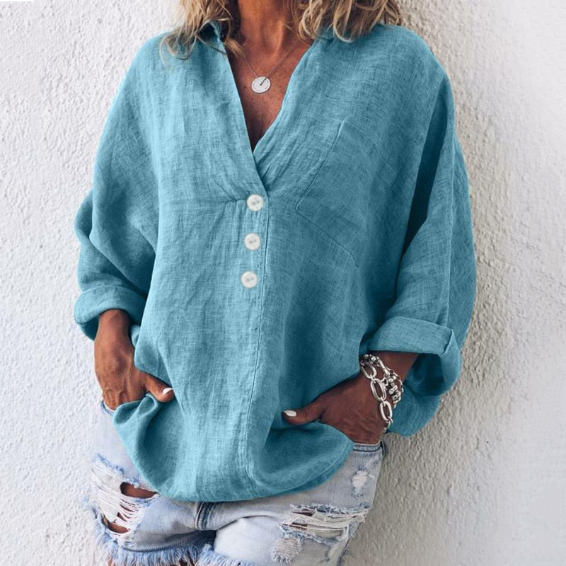 Autumnal women's linen blouse with button placket and V-neck – Elodie