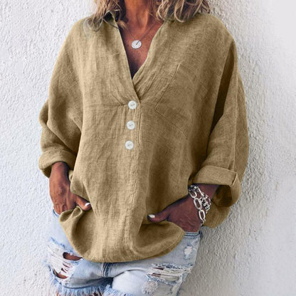 Autumnal women's linen blouse with button placket and V-neck – Elodie