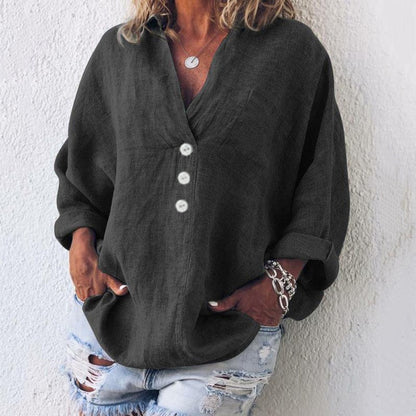 Autumnal women's linen blouse with button placket and V-neck – Elodie