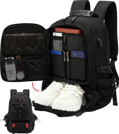 60L waterproof travel laptop rucksack with USB port and shoe compartment