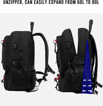 60L waterproof travel laptop rucksack with USB port and shoe compartment
