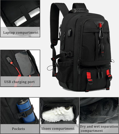 60L waterproof travel laptop rucksack with USB port and shoe compartment