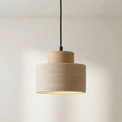 Close-up of the travertine shade with a lighter natural wood cap and black cord 7