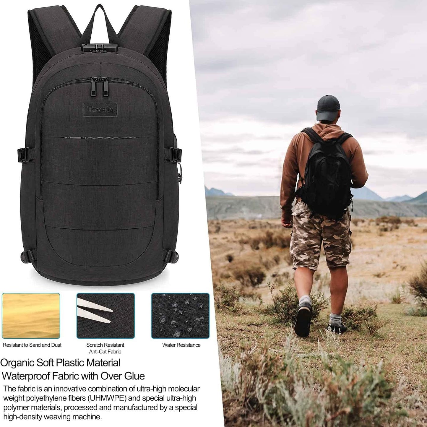 Extra-large anti-theft laptop and travel backpack with USB port – 30–50 L