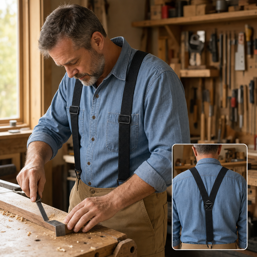 Man in a denim shirt wearing black braces while chiselling wood in a workshop, with a back view inset 1