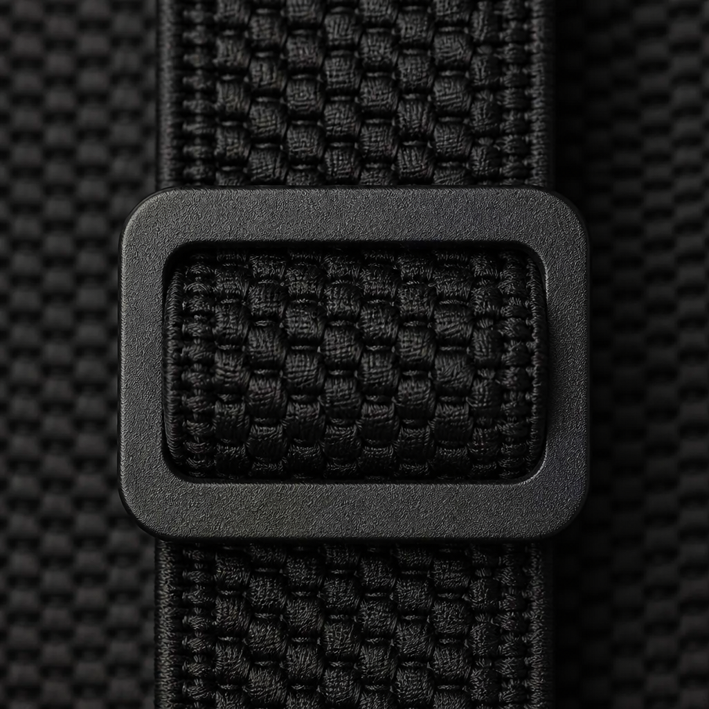 Close-up of a black plastic slide adjuster threaded onto the woven elastic strap 4