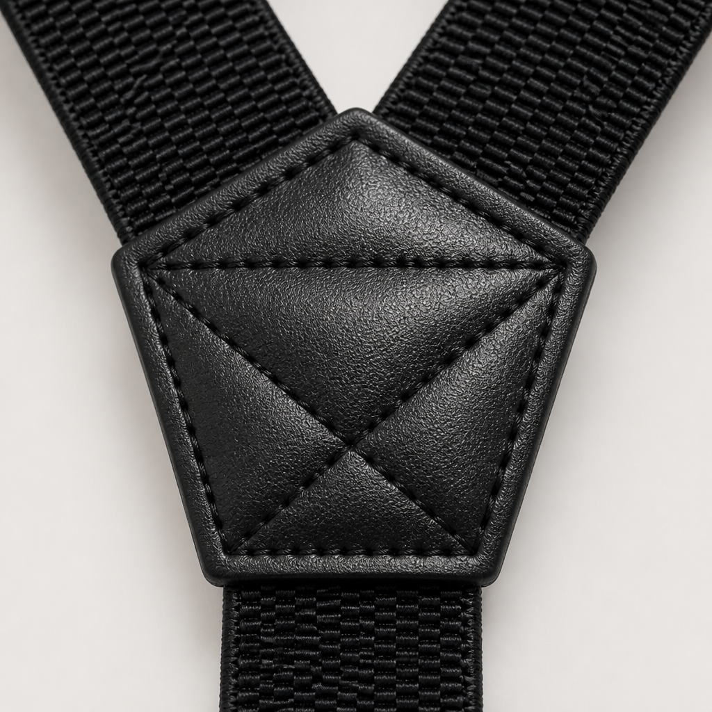 Close-up of the black stitched faux-leather patch where the straps join, on a plain background 3
