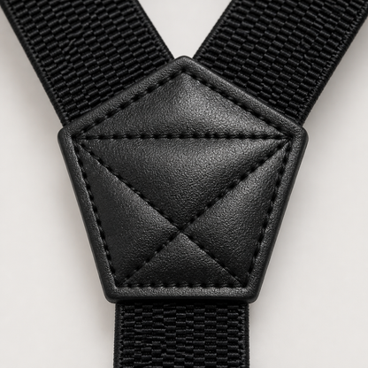Close-up of the black stitched faux-leather patch where the straps join, on a plain background 3