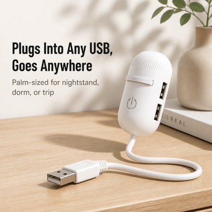 White capsule-shaped projector with two USB ports on its side and a looped USB lead on a light wooden shelf beside a vase. 2