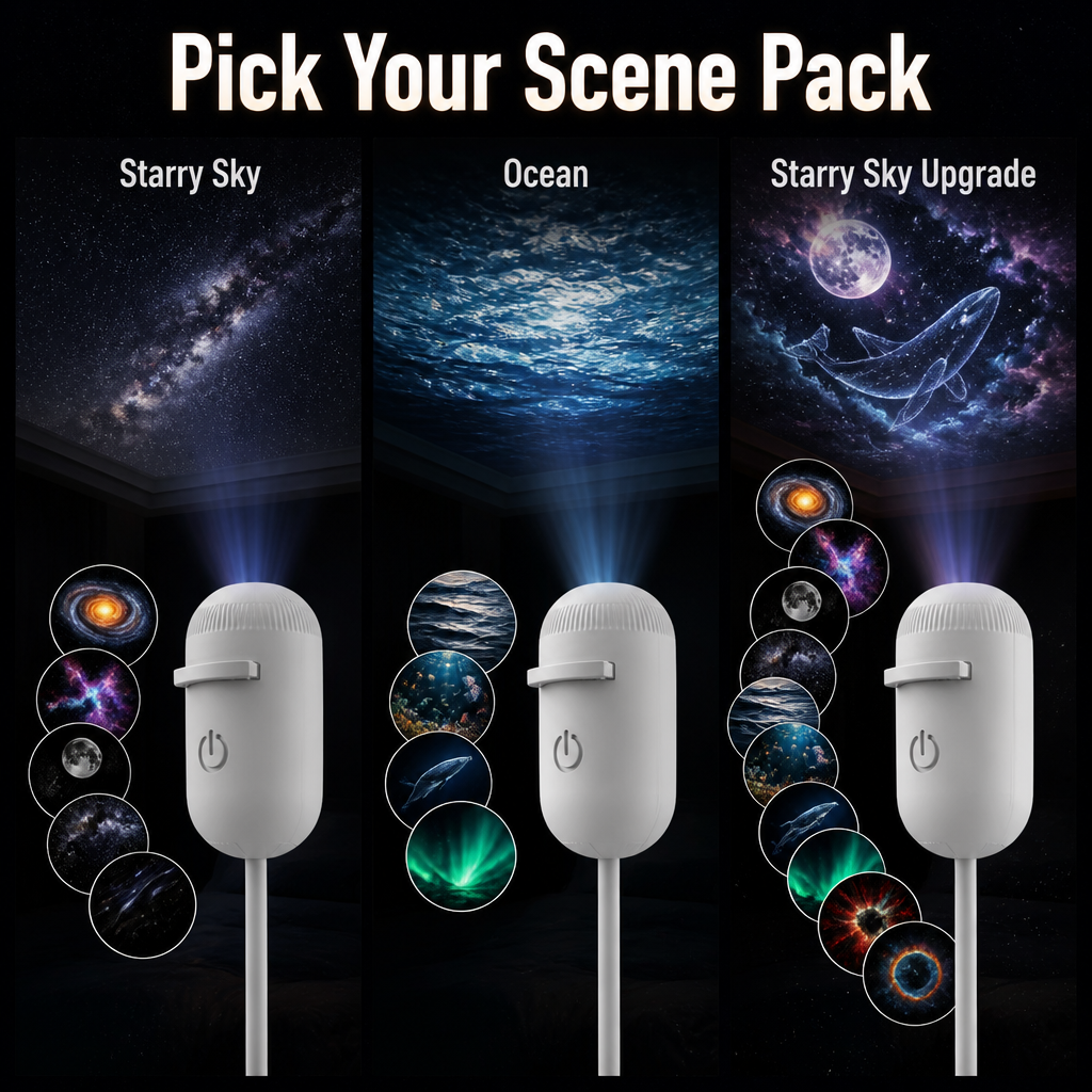 Three projectors side by side, each beaming a different scene pack onto a dark ceiling: starry sky, ocean waves and an upgraded galaxy set with whale. 8