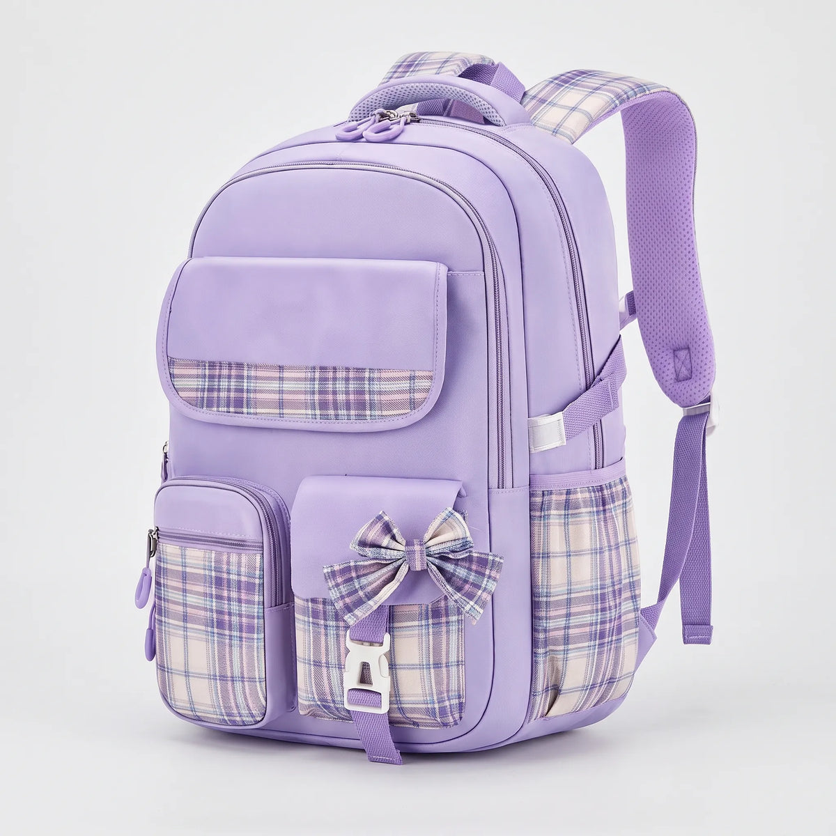 Structured School Backpack with Plaid Accents - Comfort and Style 6