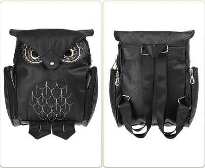 PU leather rucksack with owl print – women's multi-pocket design