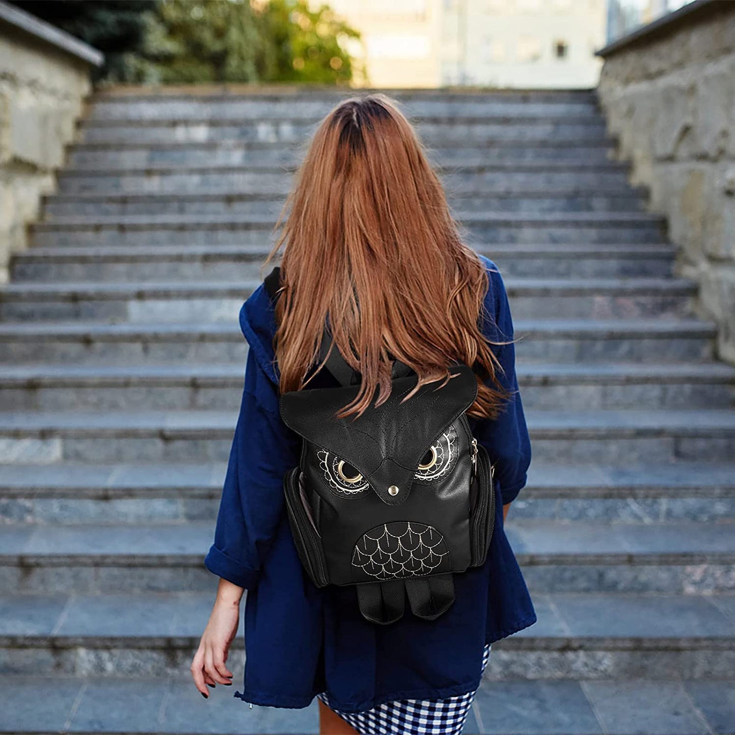 PU leather rucksack with owl print – women's multi-pocket design
