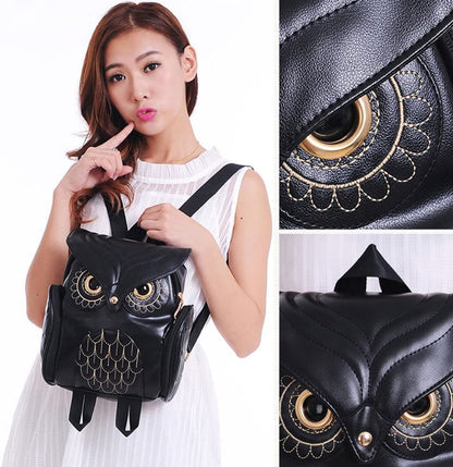 PU leather rucksack with owl print – women's multi-pocket design