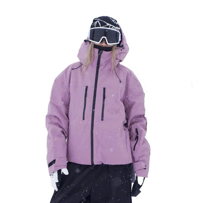 Full front view of the pink-purple jacket on a model, hood up, showing the central zip, chest pockets and adjustable cuffs. 4