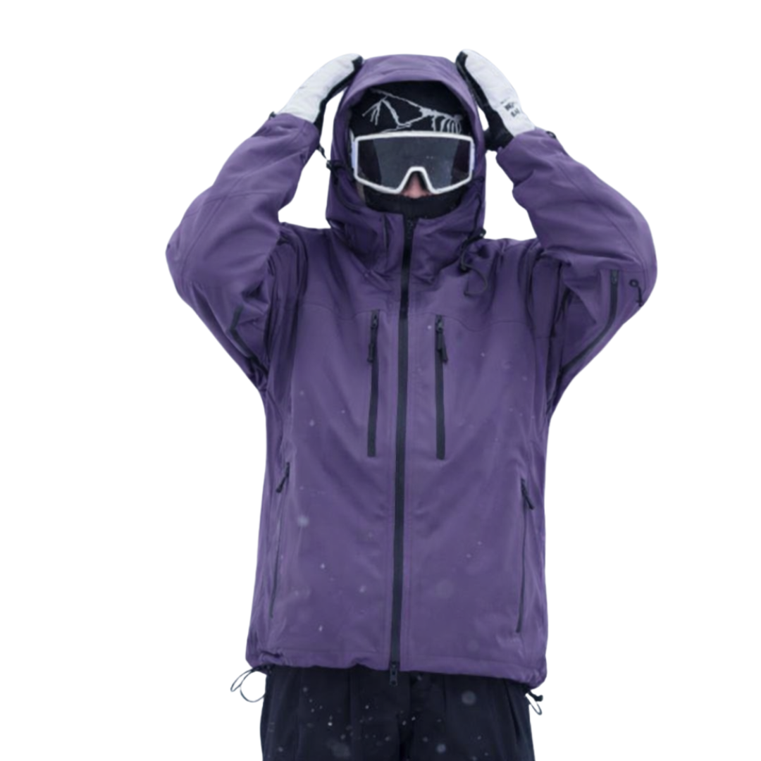 Front view of the purple jacket worn by a model with the hood up and both hands raised to the head. 1