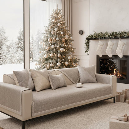Taupe woven cover on a cream sofa in a Christmas living room with tree, stockings and fireplace. 2