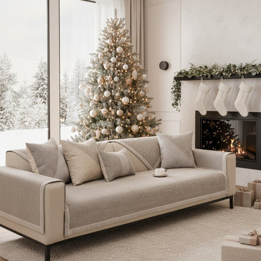 Taupe woven cover on a cream sofa in a Christmas living room with tree, stockings and fireplace. 2