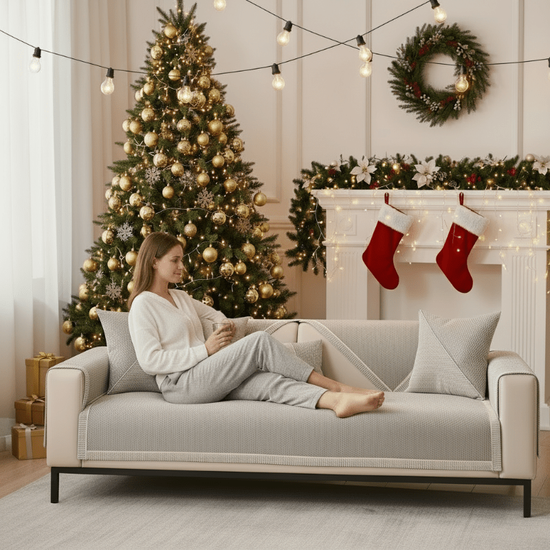 Woman in a white top and grey trousers relaxing on a light grey covered sofa beside a decorated Christmas tree. 3