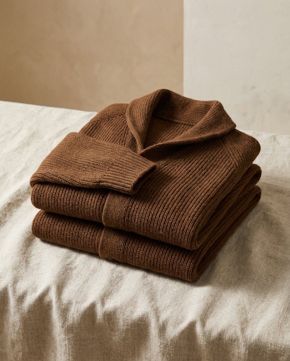 Two brown ribbed cardigans folded in a stack on creased linen, showing the shawl collar, raglan shoulder and ribbed cuff. 12