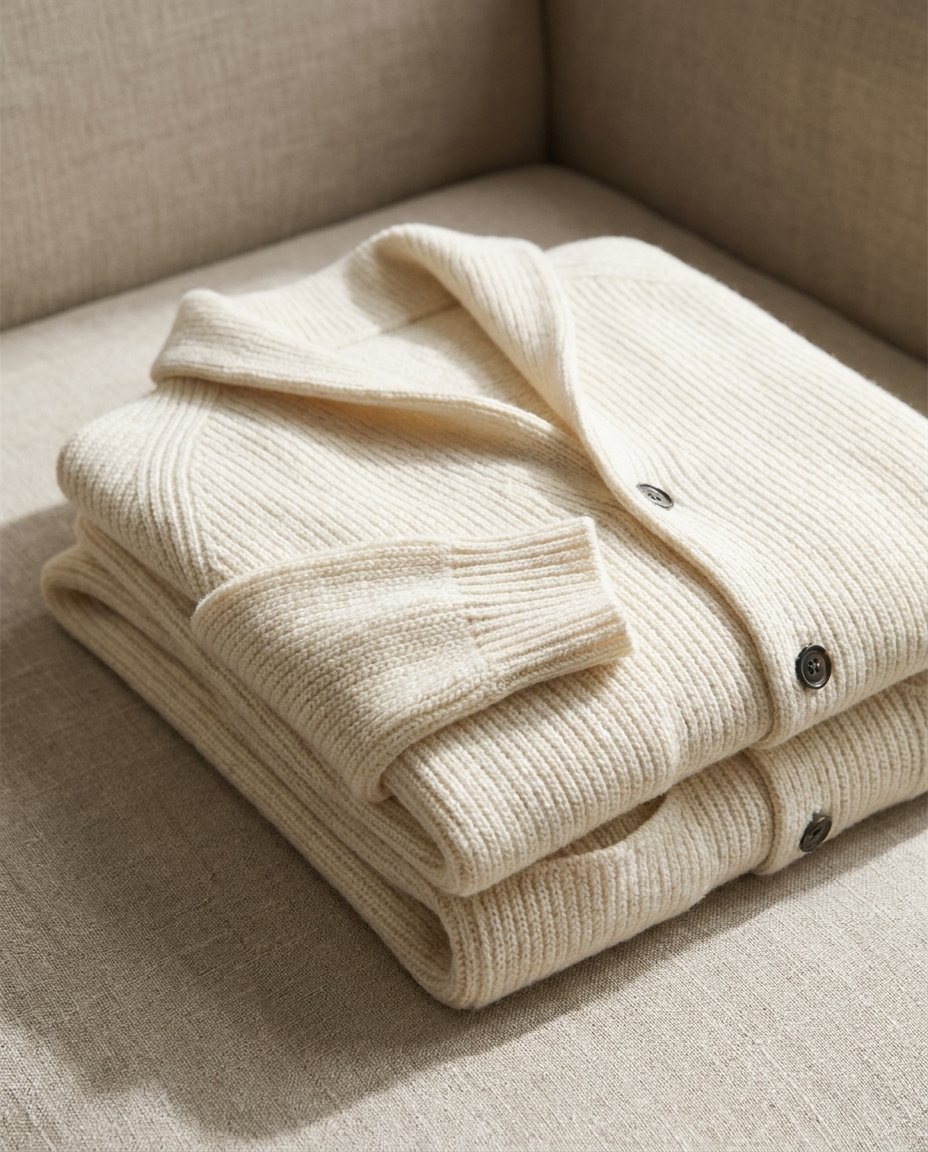 Two cream ribbed cardigans folded and stacked on a beige sofa cushion, with the shawl collar, dark buttons and cuff visible. 8