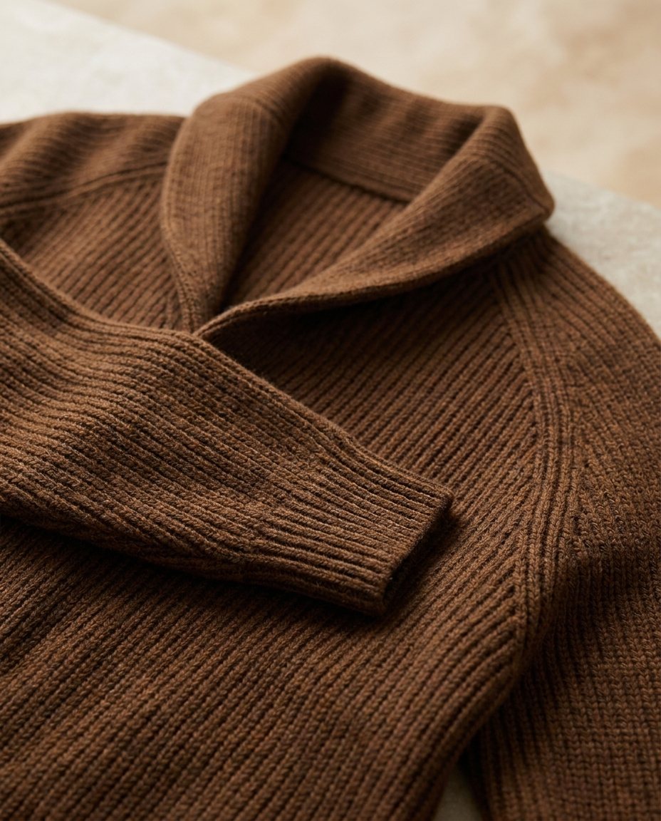 Close-up of the brown ribbed knit, showing the shawl collar, raglan sleeve seam and ribbed cuff of the folded cardigan. 13