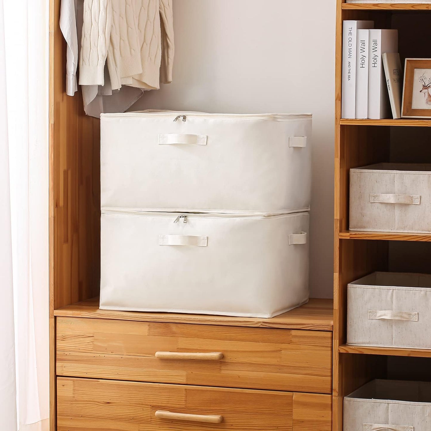 Canvas clothes storage organiser set – double-zip bag with handles and a clear window