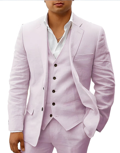 Model wearing the suit in soft lilac pink, with dark vest buttons and a notch lapel jacket. 10