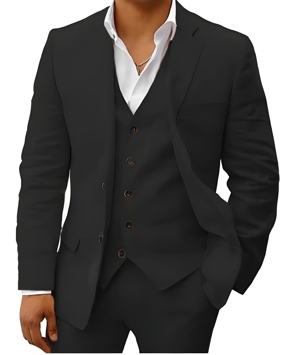 Model wearing the suit in black, with a white open-collar shirt contrasting against the dark vest. 11