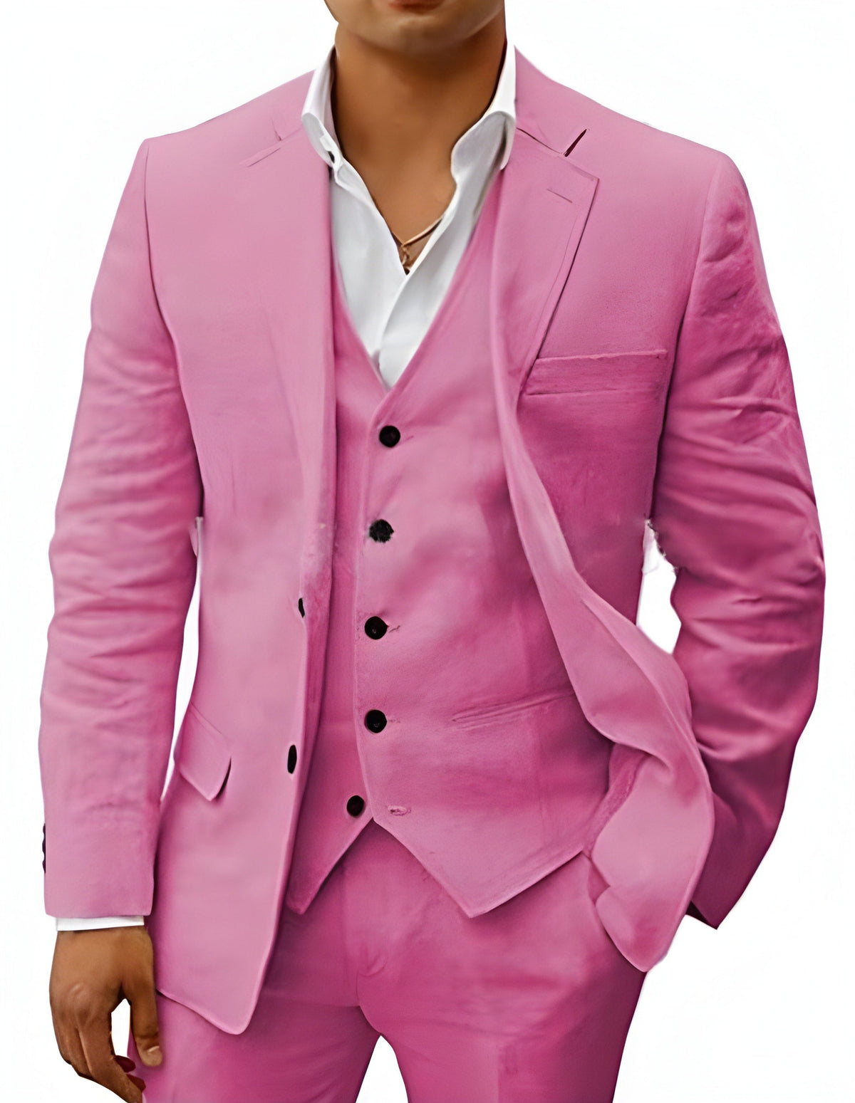 Model wearing the suit in a soft rose pink, showing the notch lapel jacket, vest and matching trousers. 14