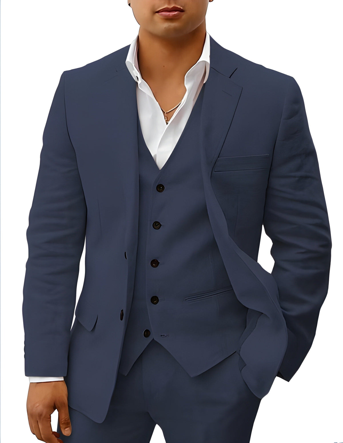 Close-cropped view of the suit in navy blue, showing the notch lapel, chest pocket and five-button vest. 6