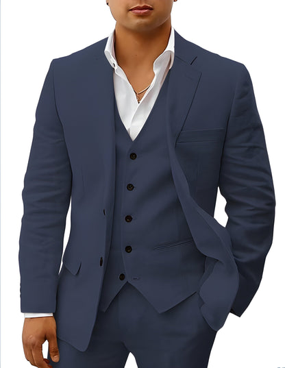Close-cropped view of the suit in navy blue, showing the notch lapel, chest pocket and five-button vest. 6