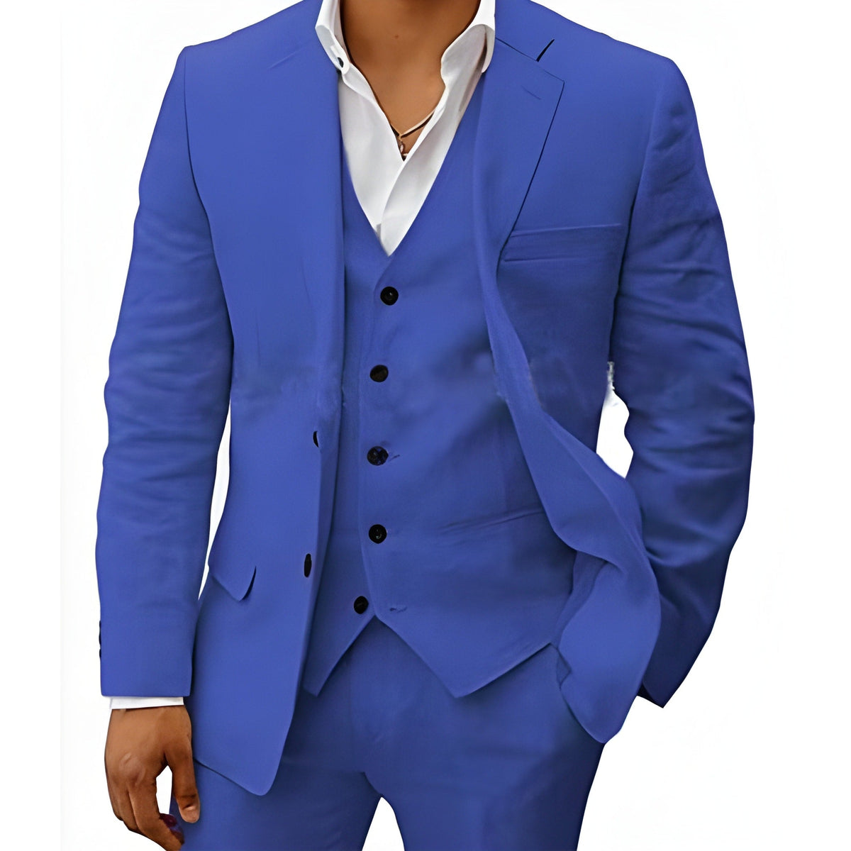 Model wearing the suit in bright royal blue, with black buttons and a white open-collar shirt underneath. 7