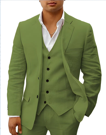 Model wearing the suit in olive green, jacket open to show the five-button vest and chest pocket. 8