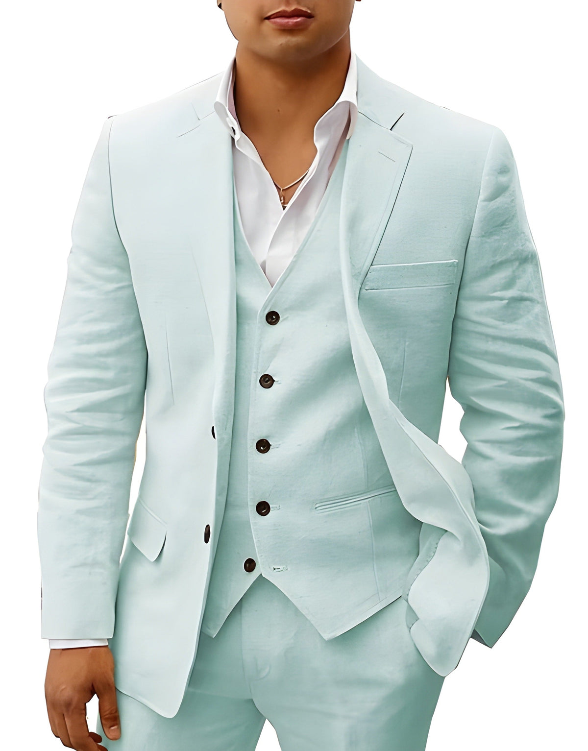 Model wearing the suit in pale mint green, with dark buttons and a white shirt open at the collar. 9