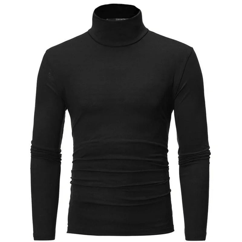 Black long-sleeved high neck top, front view on a plain white background 1