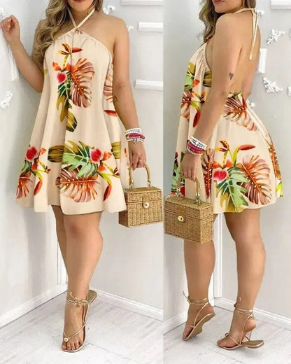 Backless summer dress with tropical print and halterneck - IslandDream