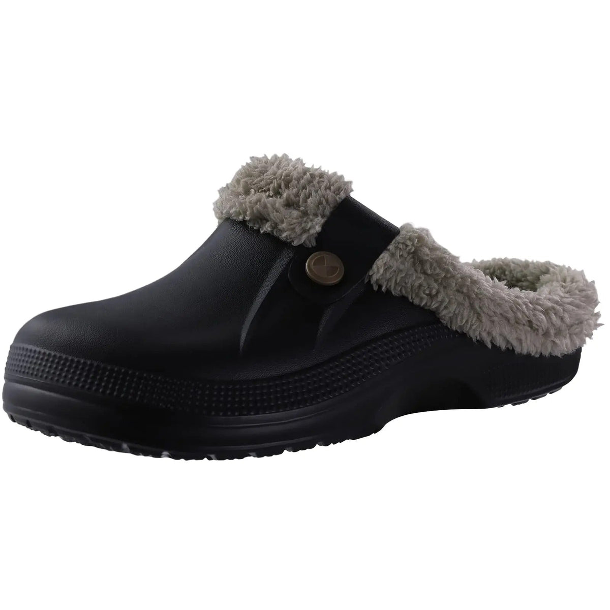 Black waterproof clog with grey faux fur lining and button strap, three-quarter side view 1
