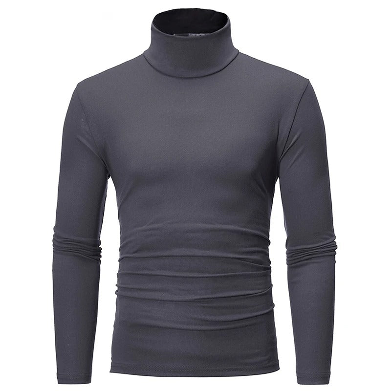 Dark grey long-sleeved high neck top, front view on a plain white background 3